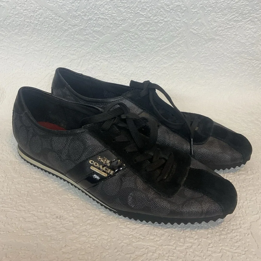 COACH Signature‎ IVY Leather Trainer Black Sneakers Laced Shoes Womens Sz 9.5